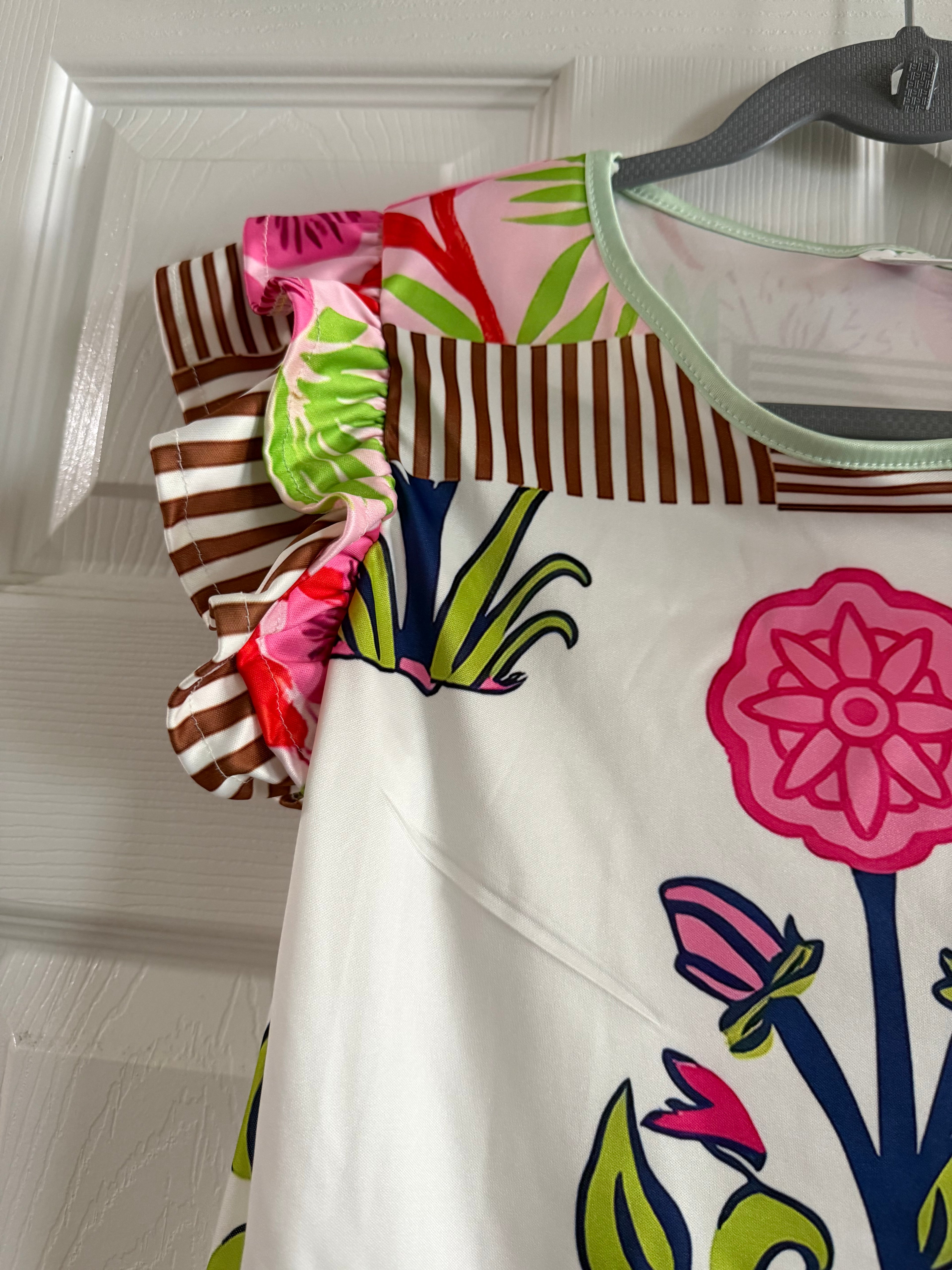 White Floral Graphic Tunic with Pink & Lime Accents