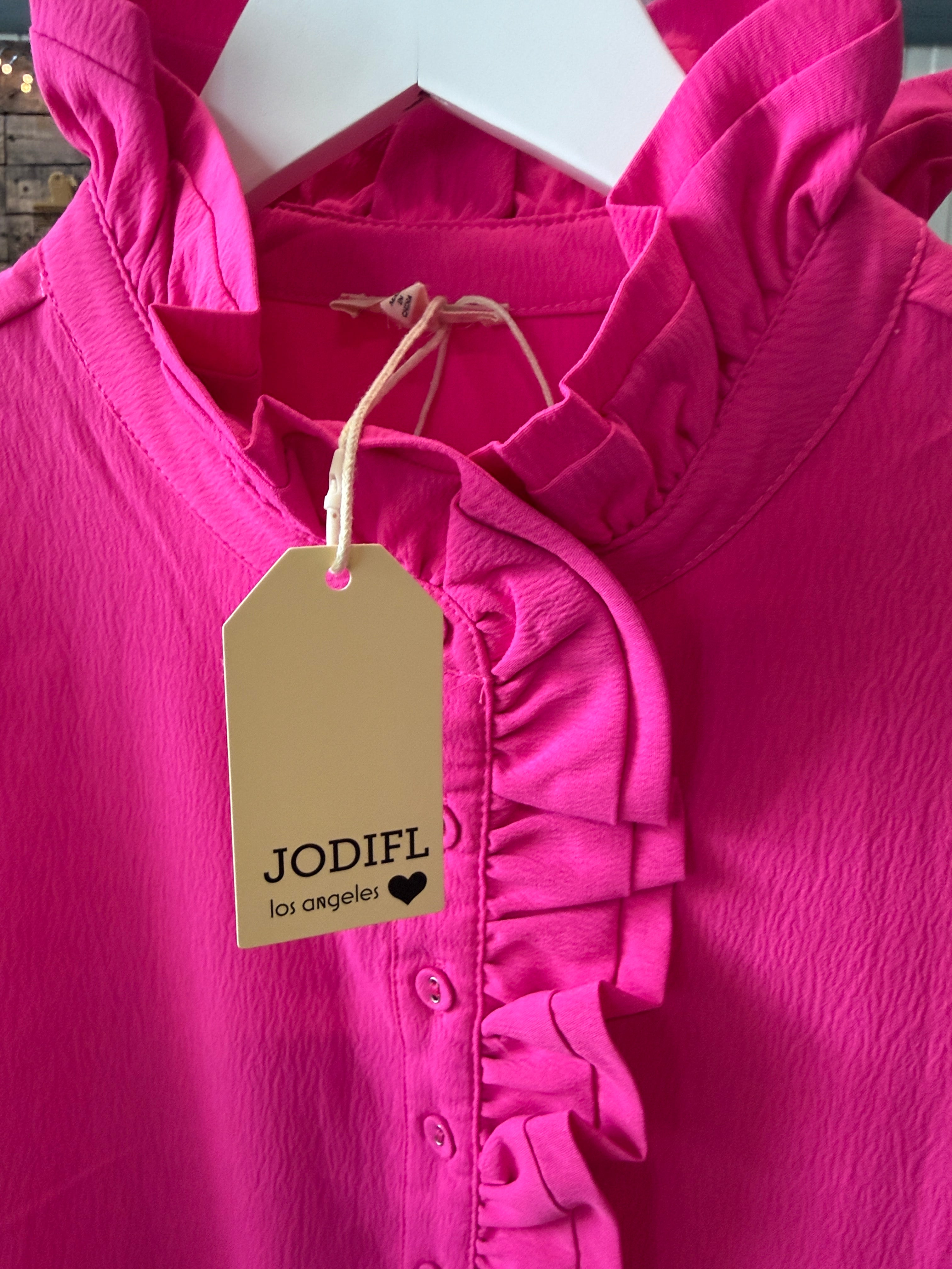 Jodifl Hot Pink Midi Dress with White Lace Hem