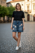 Women’s Dark Blue Denim Mini Skirt with Bird Appliqués
