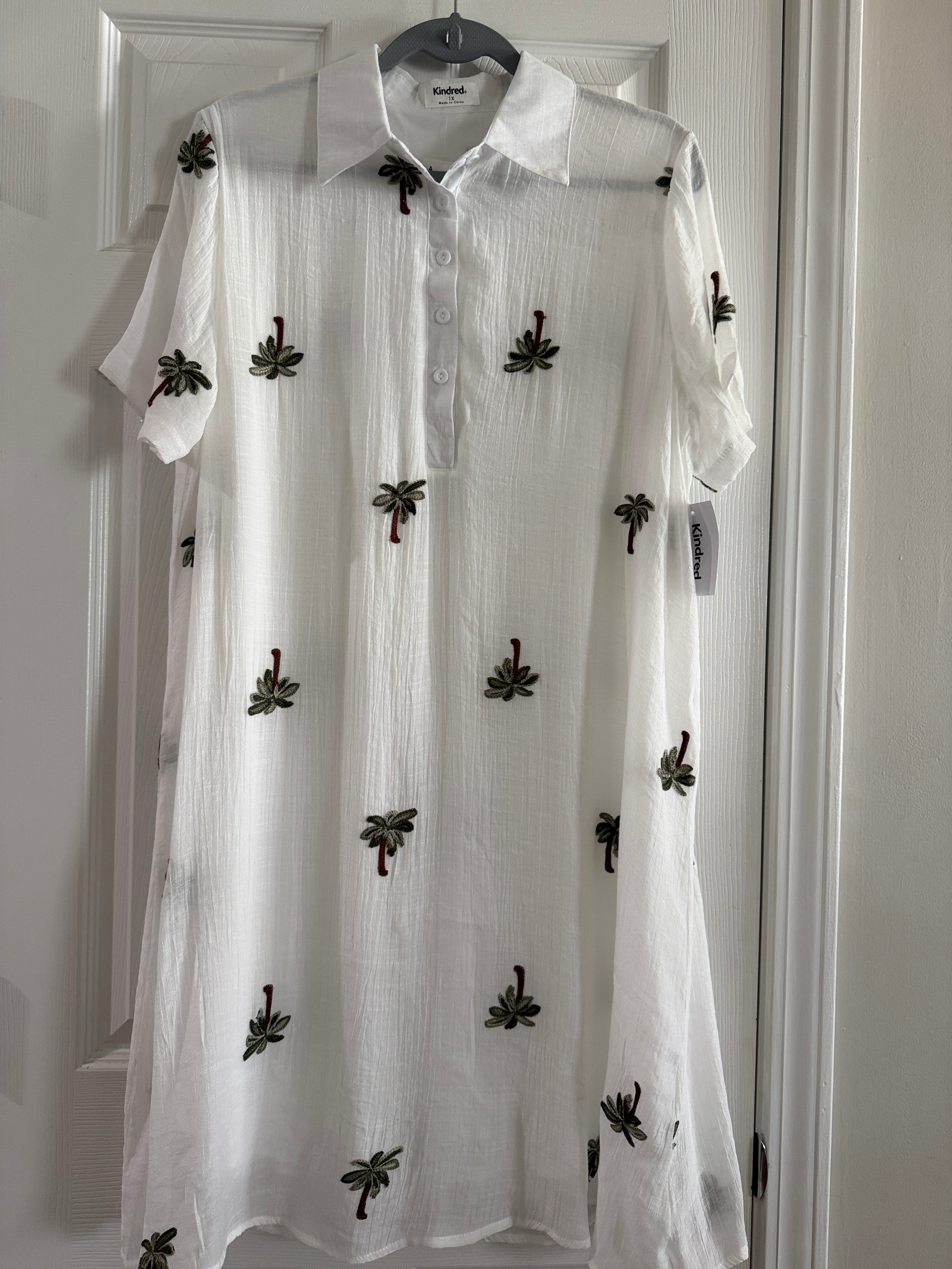 Kindred White Palm-Embroidered Shirt Dress