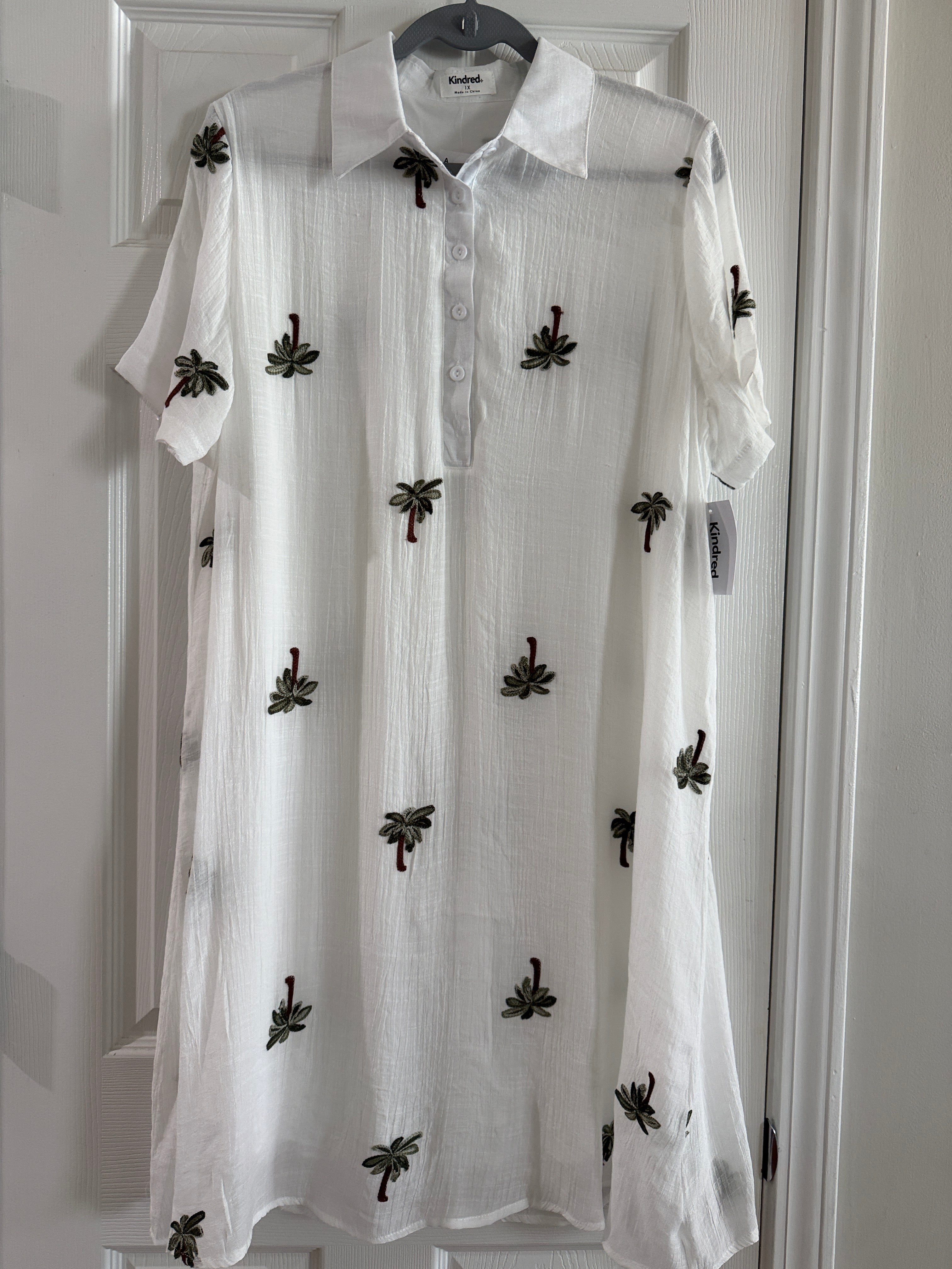 Kindred White Palm-Embroidered Shirt Dress
