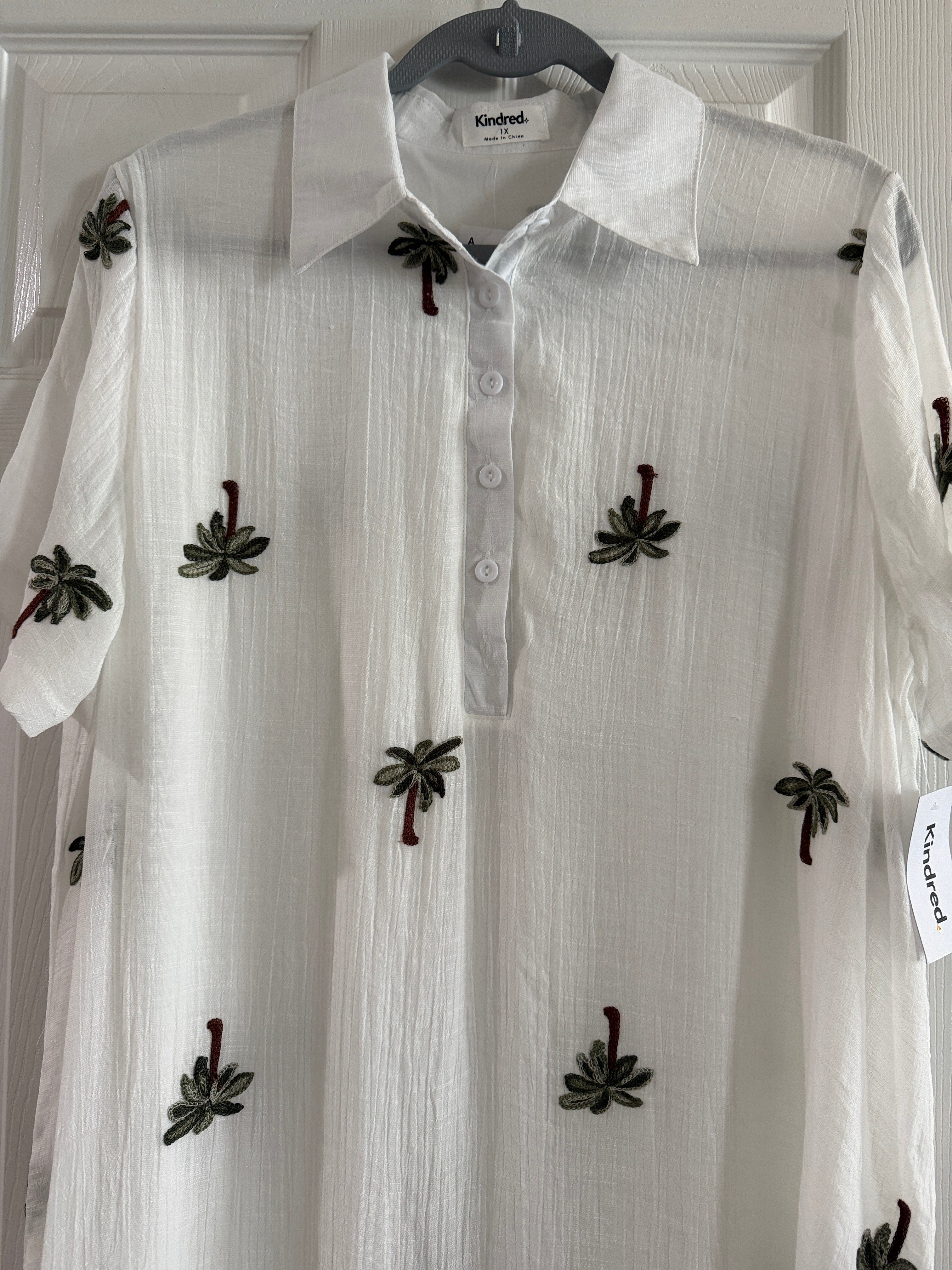 Kindred White Palm-Embroidered Shirt Dress