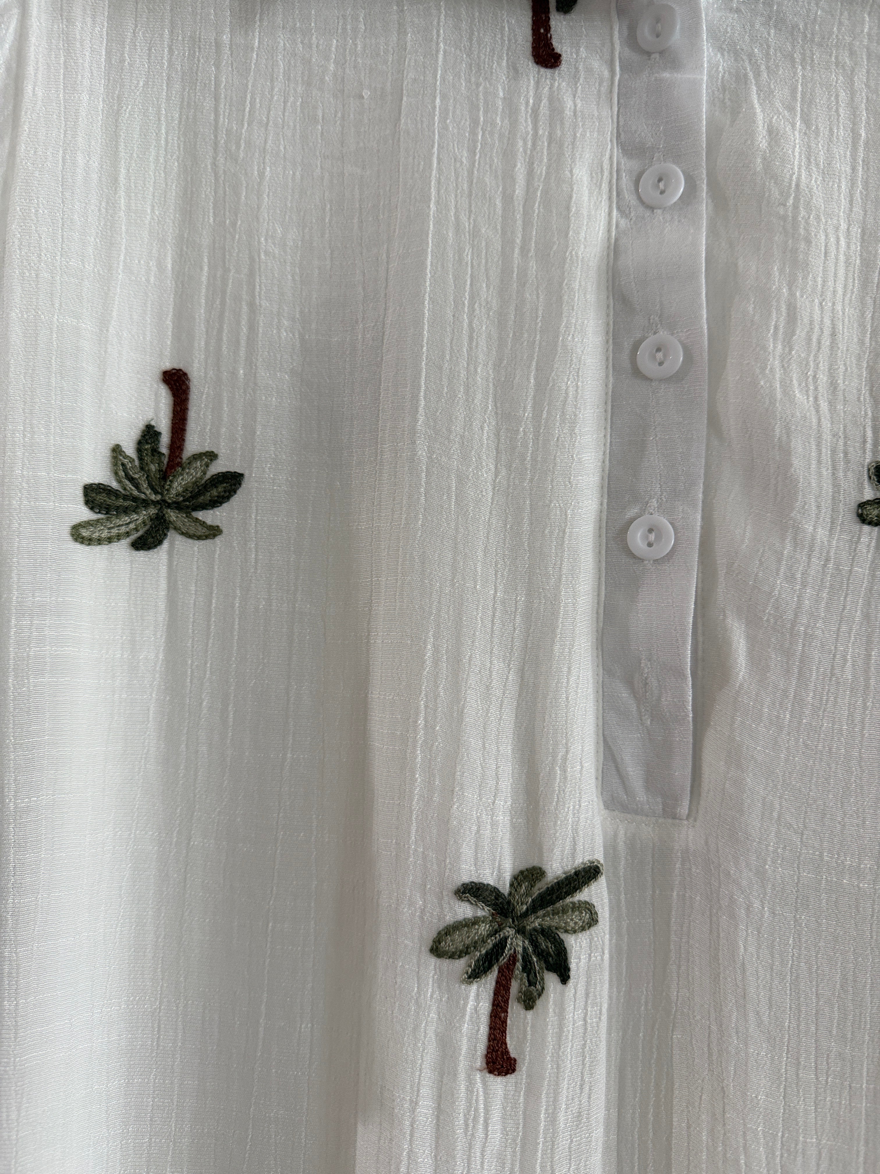 Kindred White Palm-Embroidered Shirt Dress