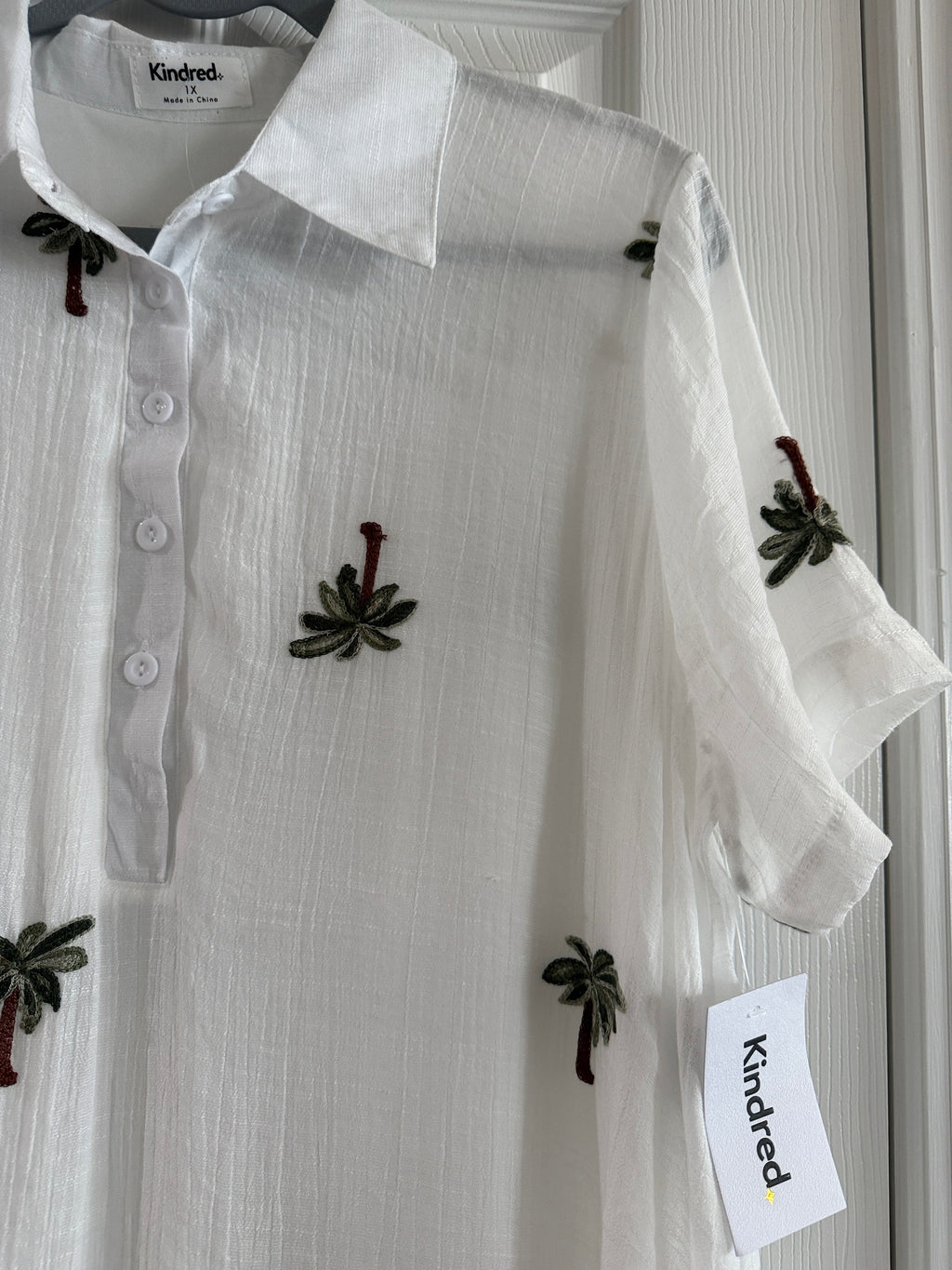 Kindred White Palm-Embroidered Shirt Dress