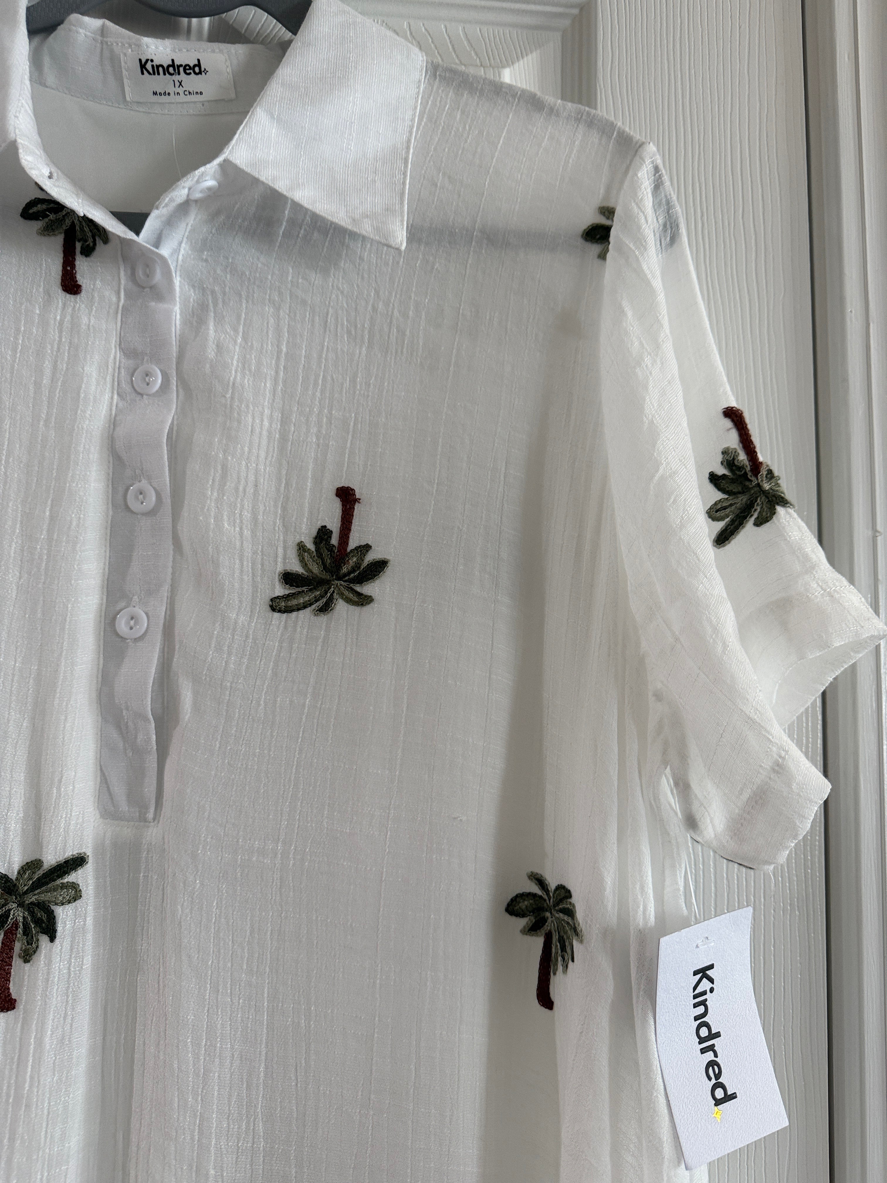 Kindred White Palm-Embroidered Shirt Dress