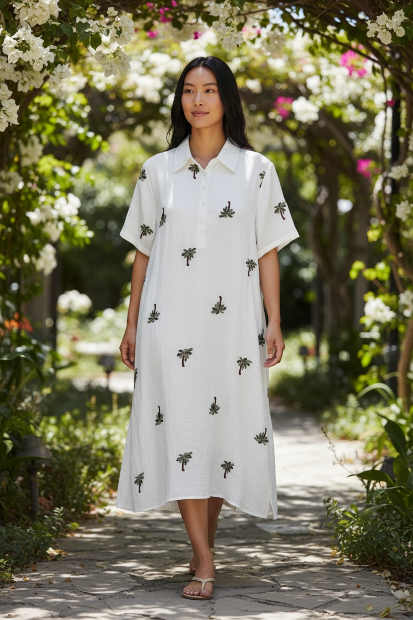 Kindred White Palm-Embroidered Shirt Dress