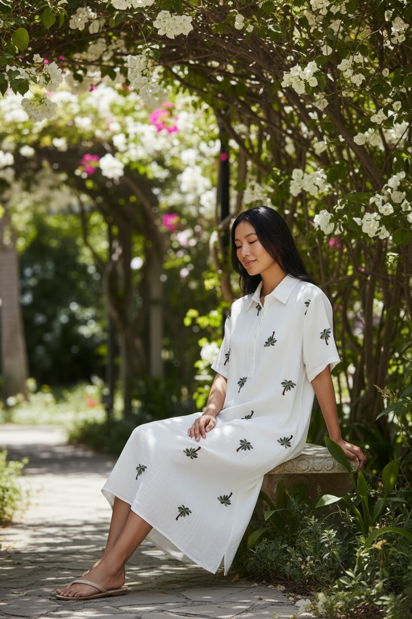 Kindred White Palm-Embroidered Shirt Dress