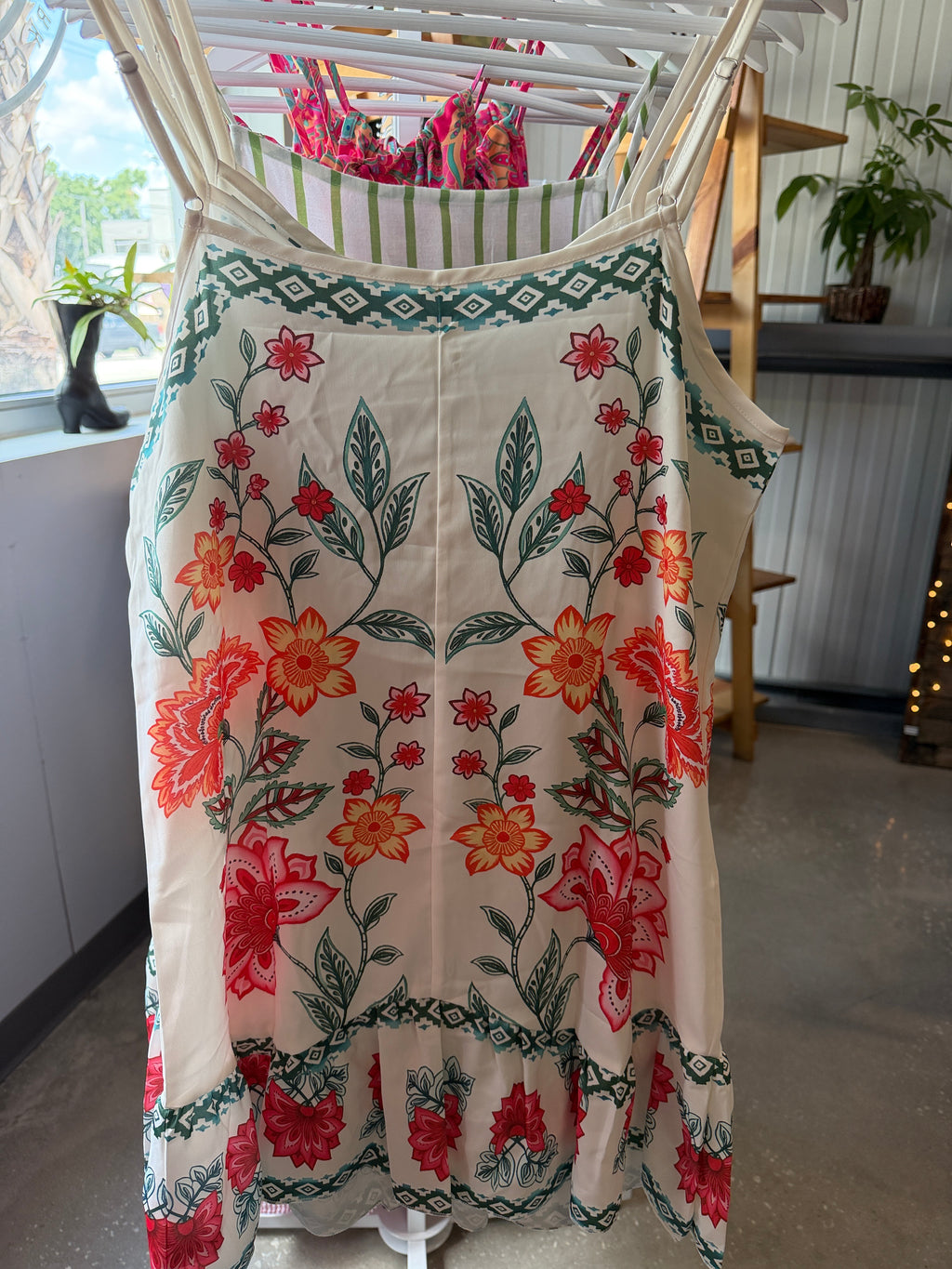 Floral Embroidered White Sundress with Pink & Orange Blooms