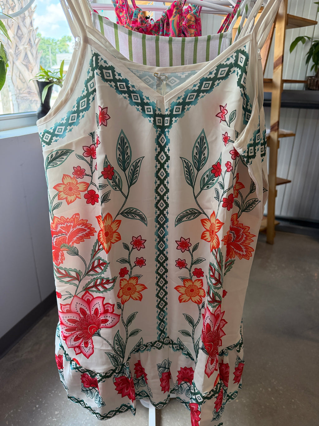 Floral Embroidered White Sundress with Pink & Orange Blooms