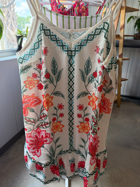 Floral Embroidered White Sundress with Pink & Orange Blooms