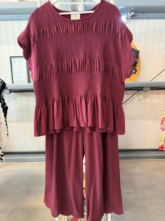 Umgee Deep Burgundy or Maroon Wide-Leg Pants & Smocked Top Set