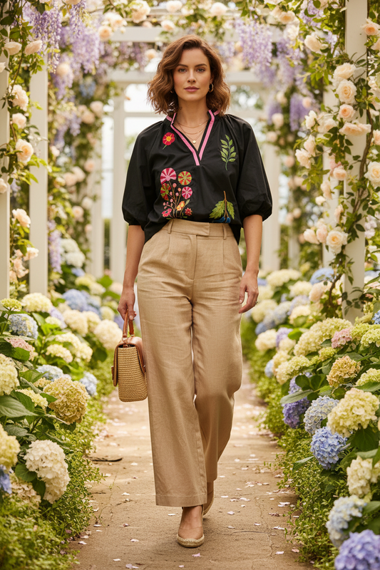 Umgee Black Blouse with Pink Trim and Multicolor Floral Embroidery