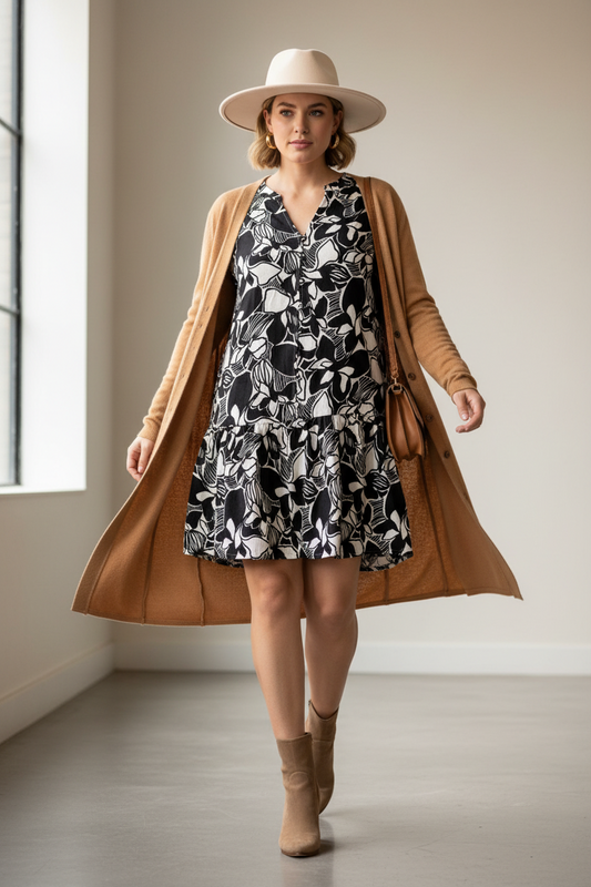 Fred David Black and White Floral Print Mini Dress