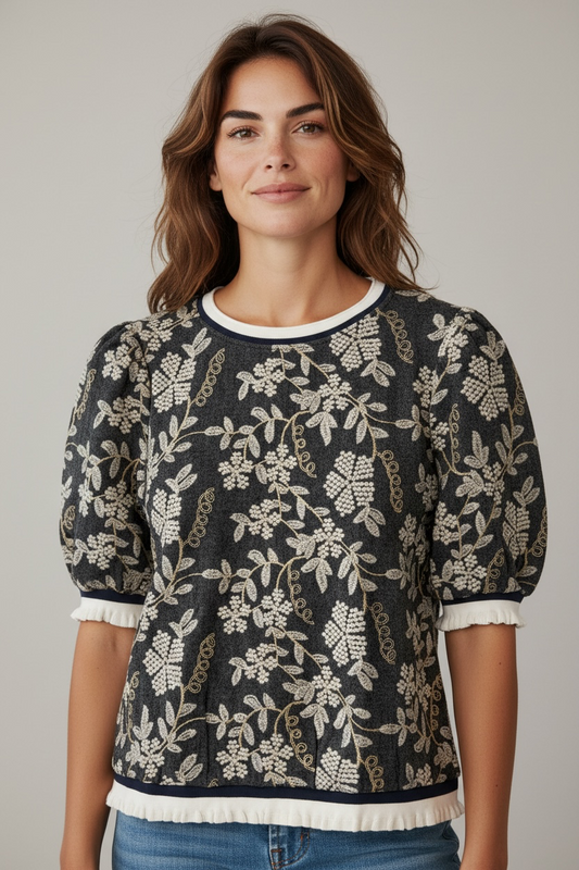 Voy Black Floral Puff-Sleeve Knit Sweater with Cream Trim