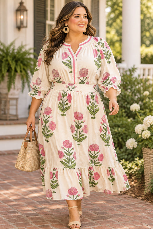 Umgee Floral Midi Dress in Cream & Pink