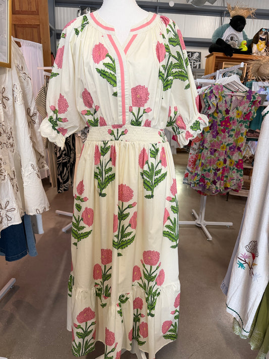 Umgee Floral Midi Dress in Cream & Pink