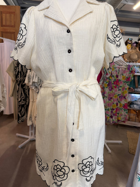 Umgee Embroidered Scalloped Mini Dress in Cream