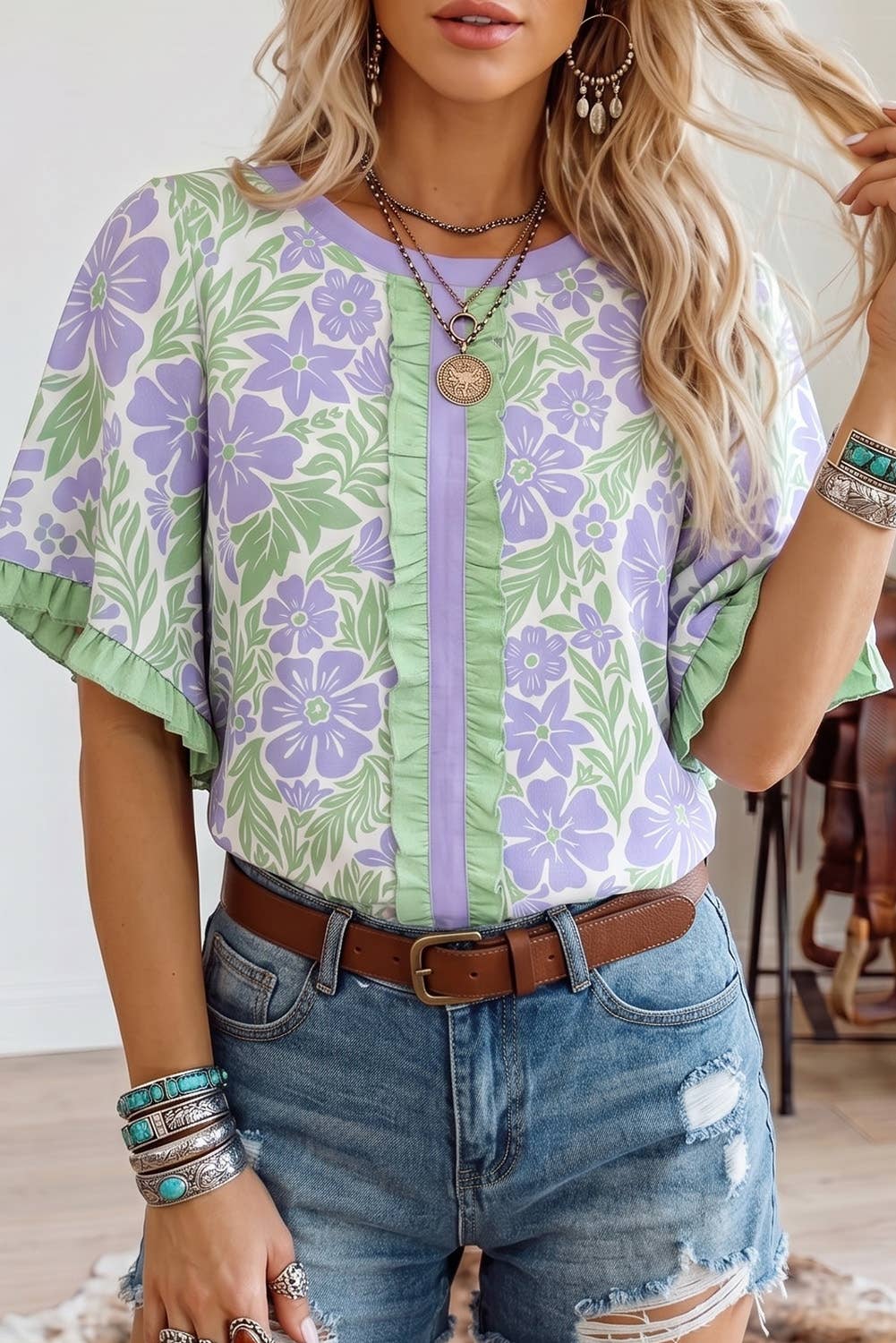 Fashion Floral Printed Lace Color Block Half Sleeve Blouse: Sky Blue / M