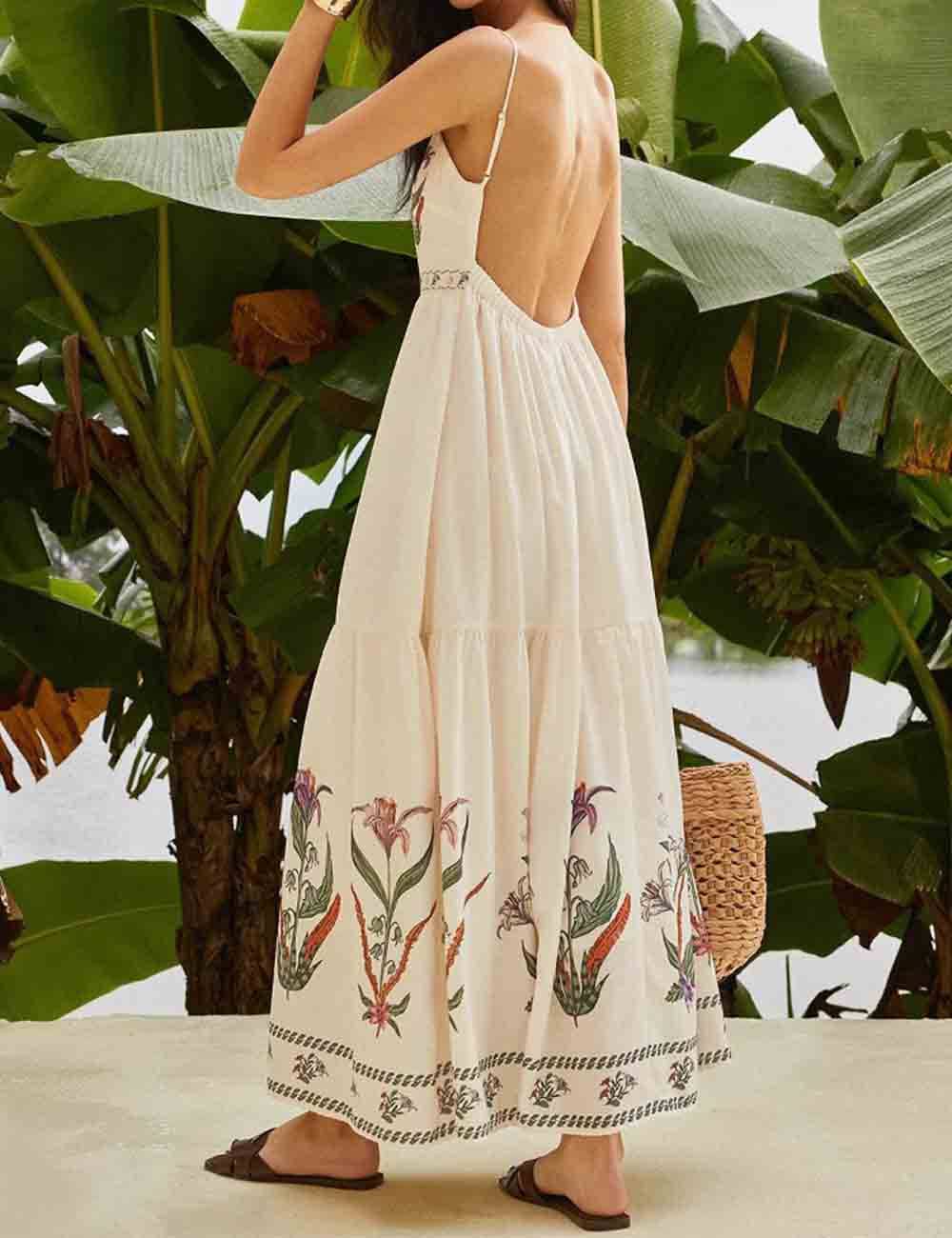 Ladies Floral Print Tiered Backless Maxi Dress: White / M