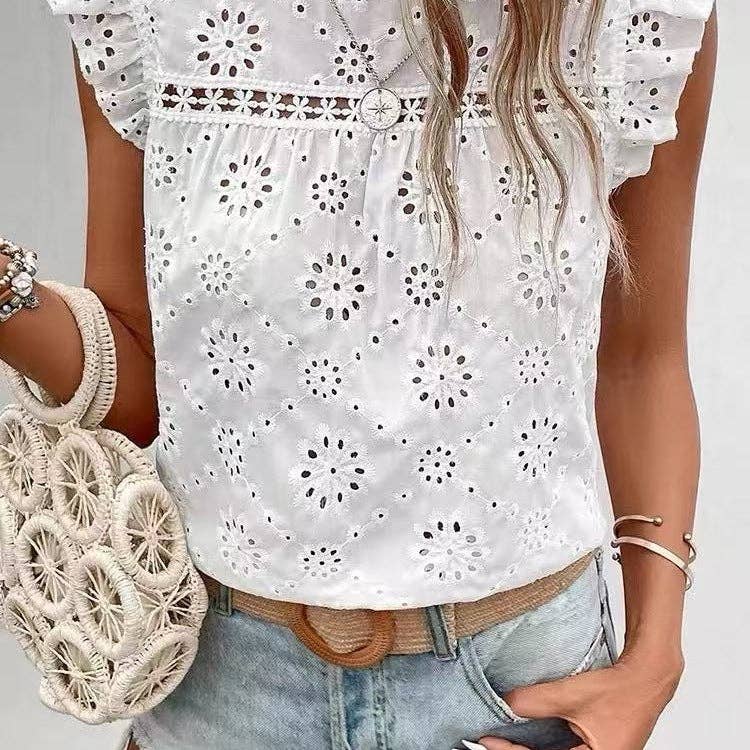 Women's Summer Ruffle Sleeveless Hollow Out Top: Yellow / L