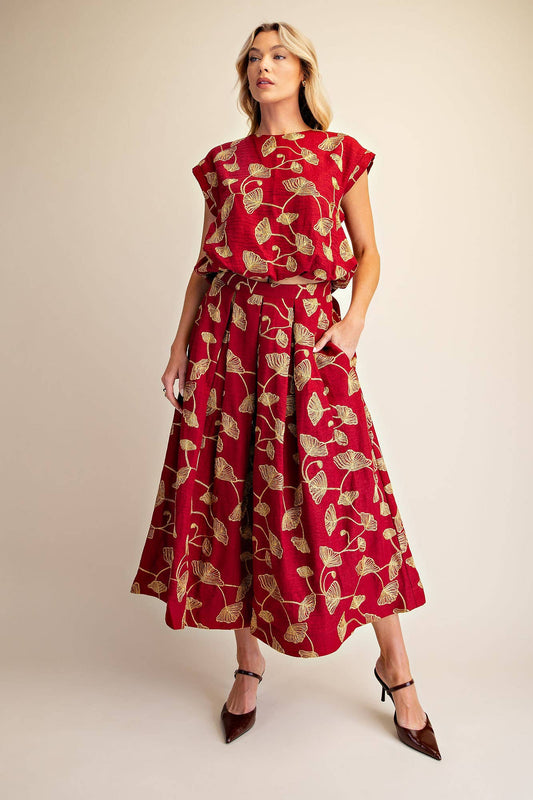 Glam Burgundy Embroidery Bubble Top and A-Line Midi Skirt Set