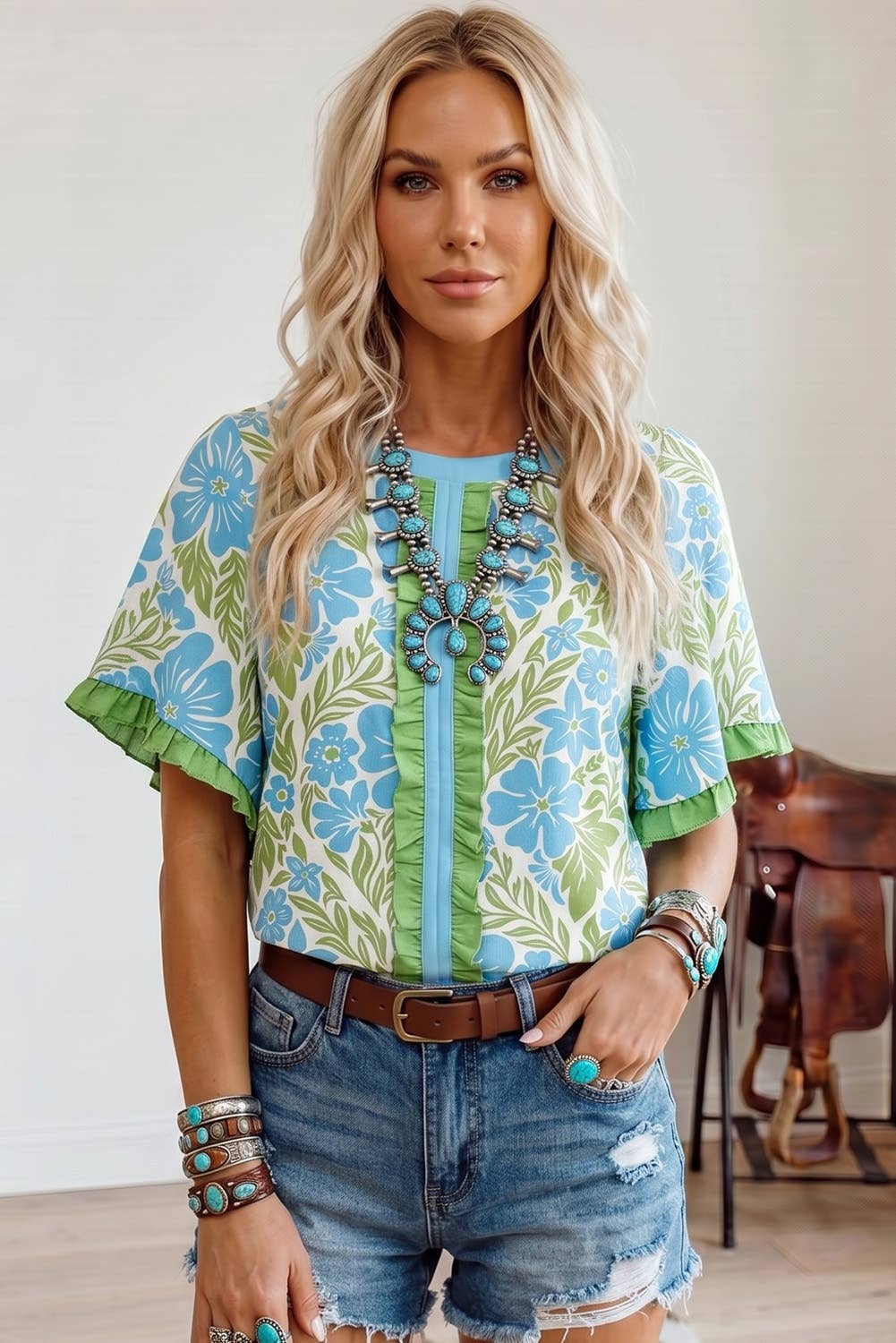 Fashion Floral Printed Lace Color Block Half Sleeve Blouse: Sky Blue / M