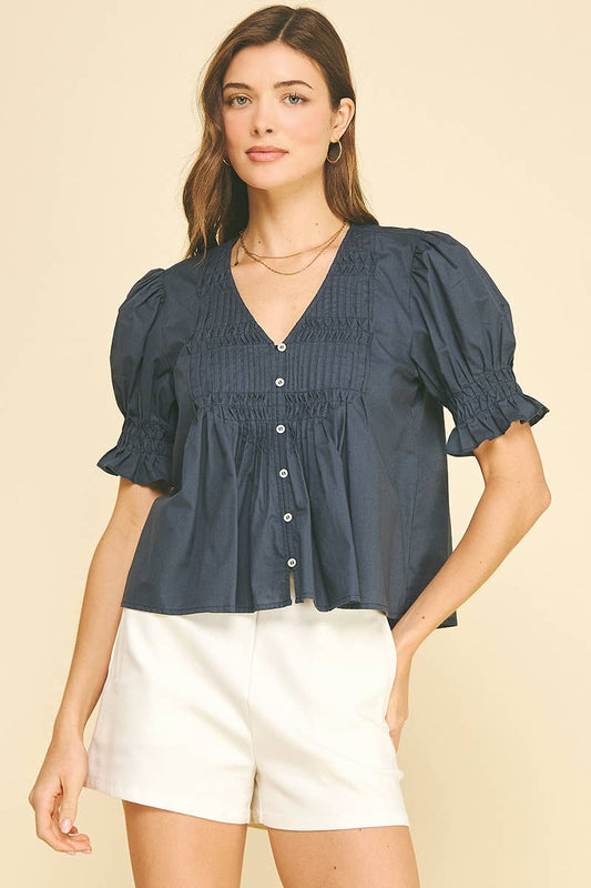 TUCKED DETAIL BUTTON DOWN BLOUSE TOP