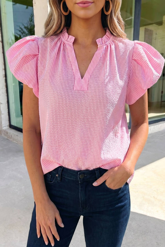 Striped Short Puff Sleeve Split V Neck Blouse